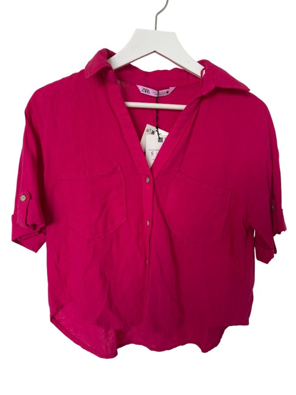 Zara Magenta Linen Blend Button-Up Top